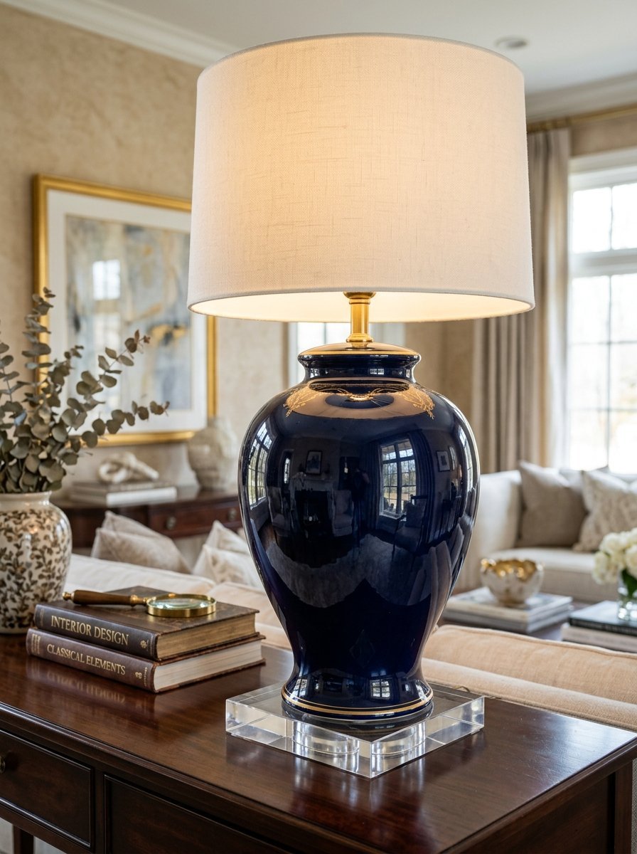A dark blue glazed lamp with a fabric shade resting on a glass base atop a dark wood side table.