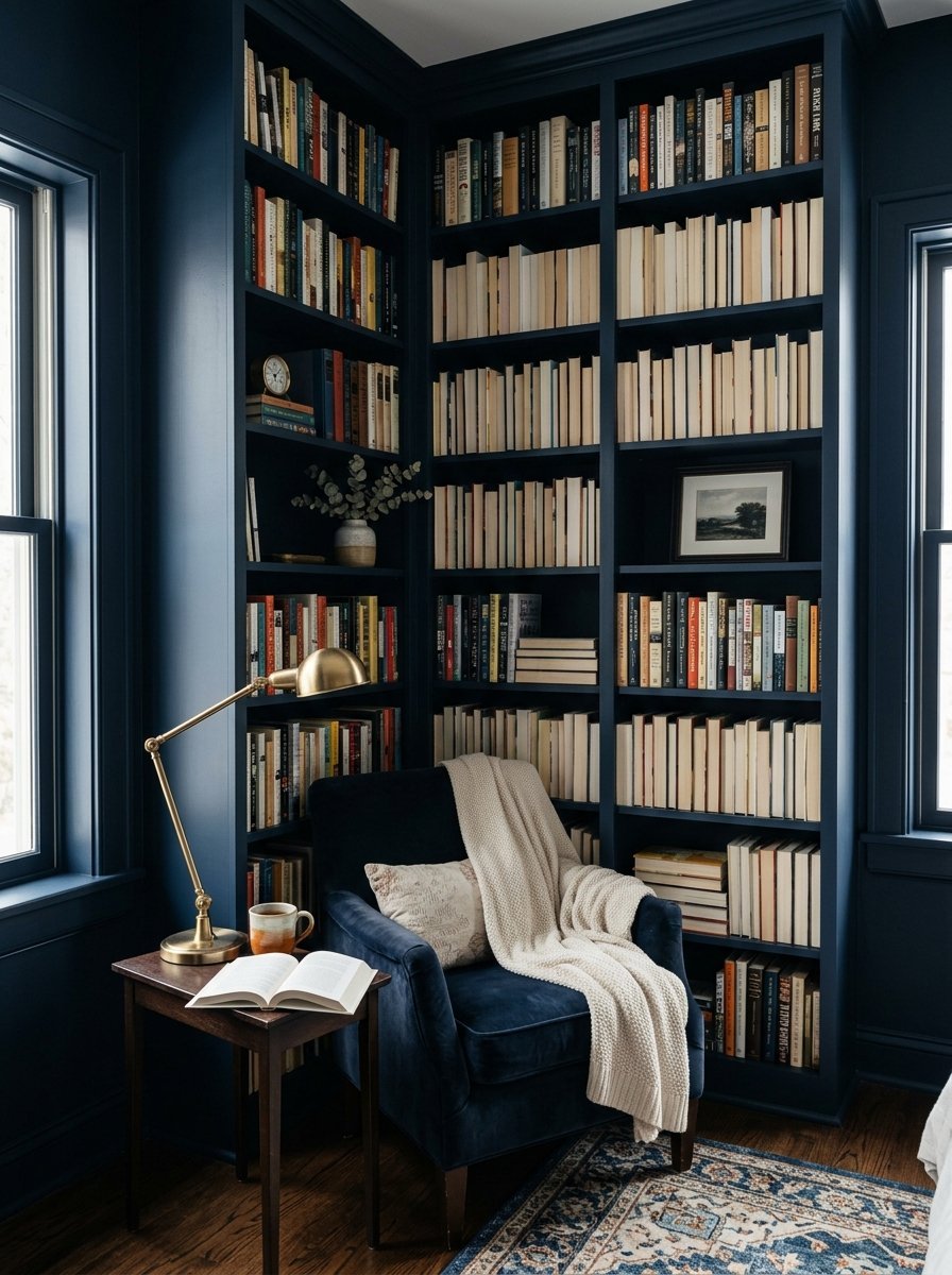A navy blue built-in bookshelf surrounds a dark blue velvet chair with a cream blanket, book, and gold lamp.
