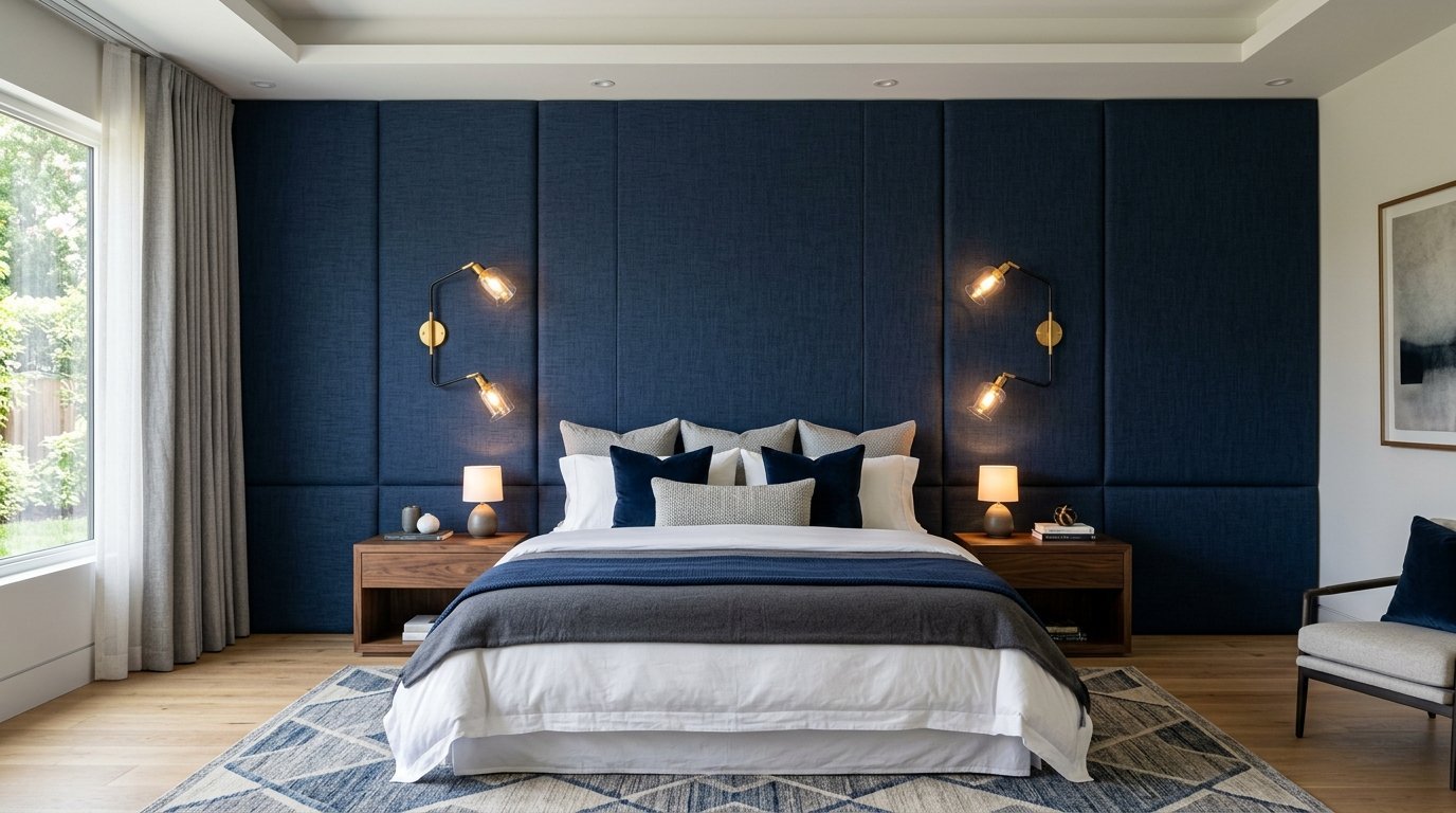 A bed centered against a large navy blue textured wall panel with dual swing arm wall lamps and walnut nightstands.