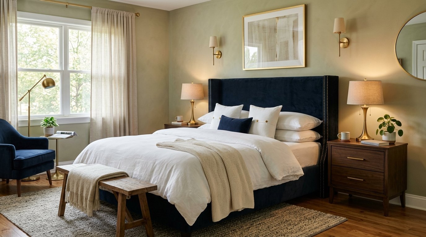 Modern bedroom with olive green walls, a dark blue tufted bed, wooden nightstands, and a rustic foot-of-bed bench.