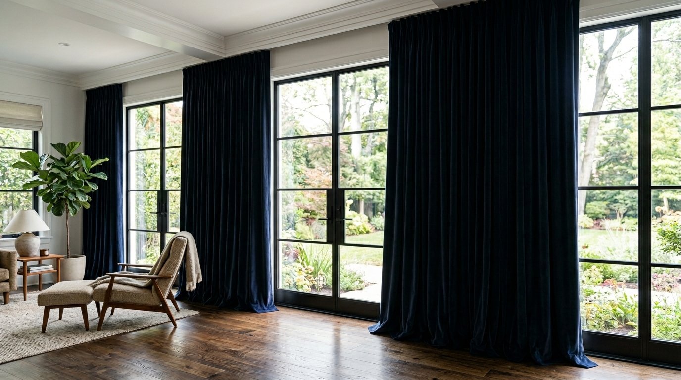 Floor-to-ceiling dark blue curtains hanging beside a mid-century modern chair and a lush backyard garden view.