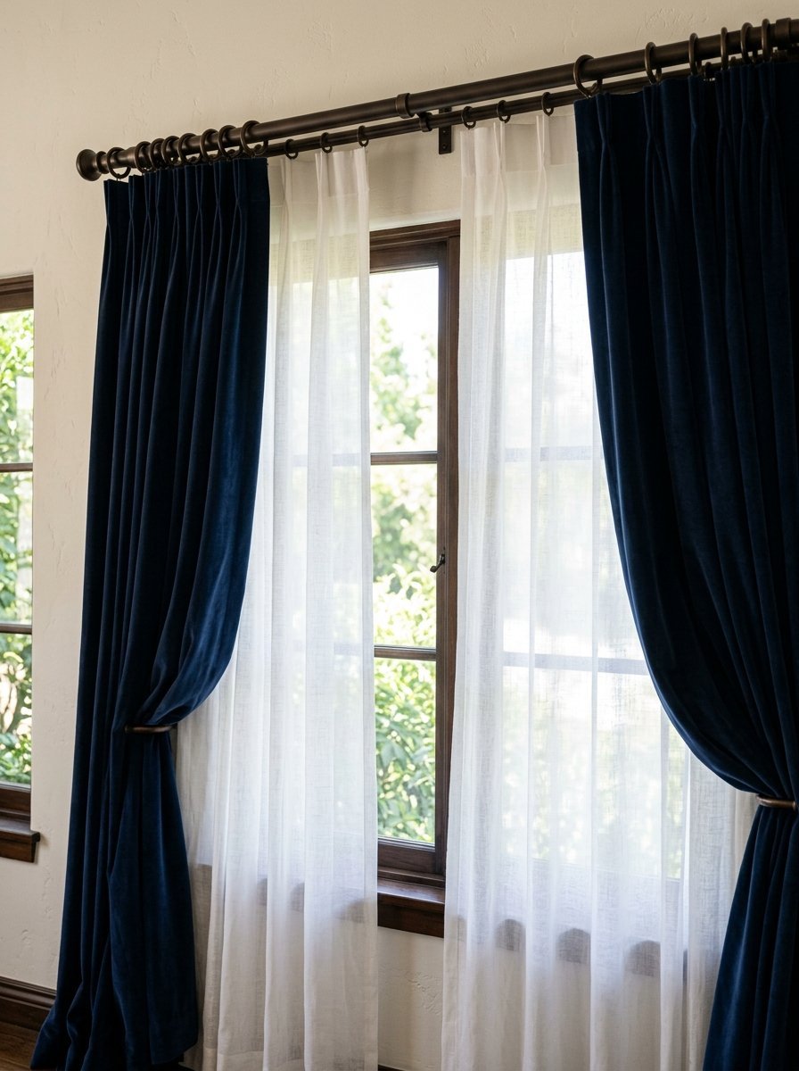 Dark blue luxury curtains hung on a bronze rod with inner white privacy sheers over a window.