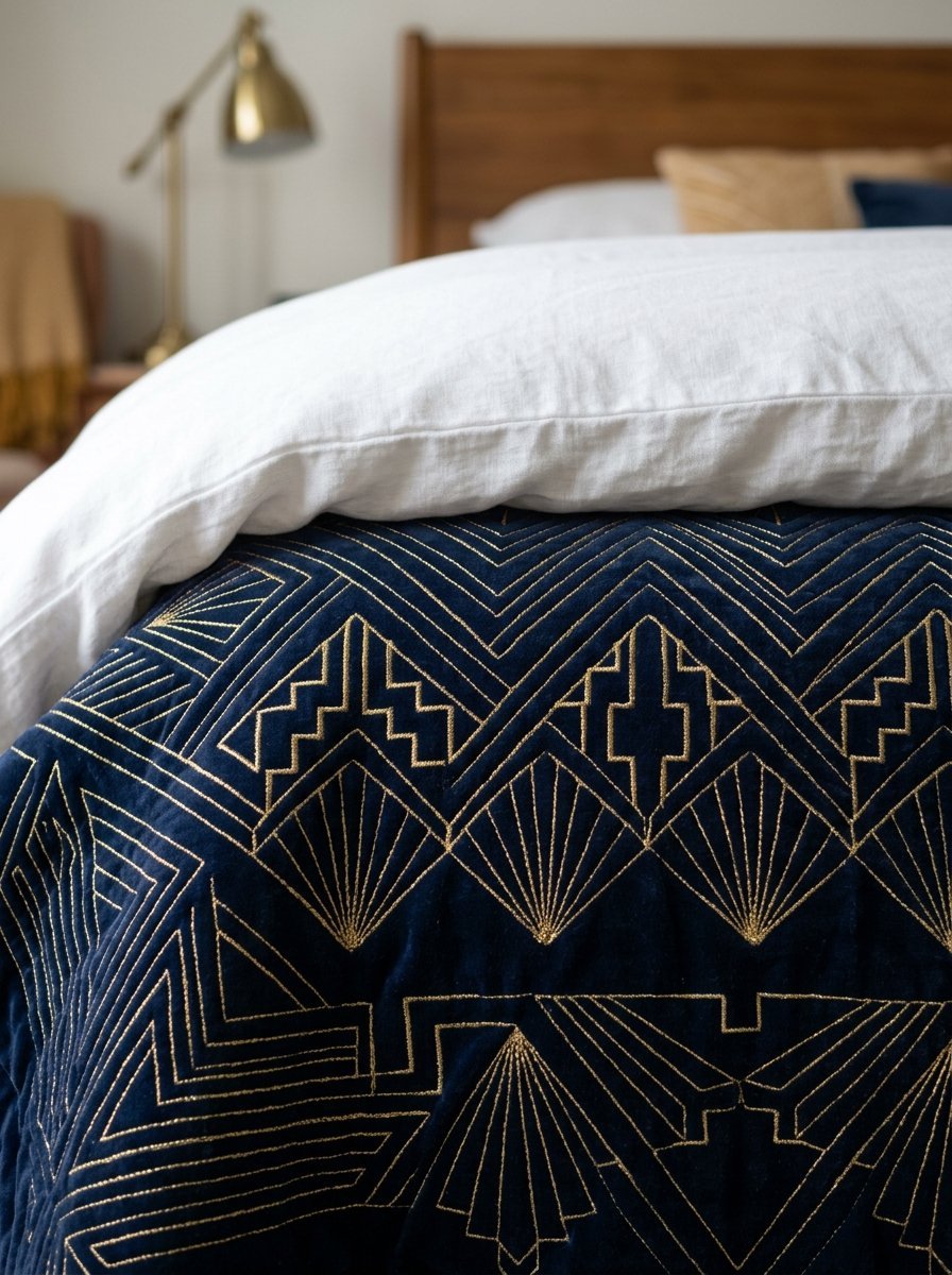 A navy blue velvet quilt with metallic gold geometric embroidery rests on a bed with white linens.
