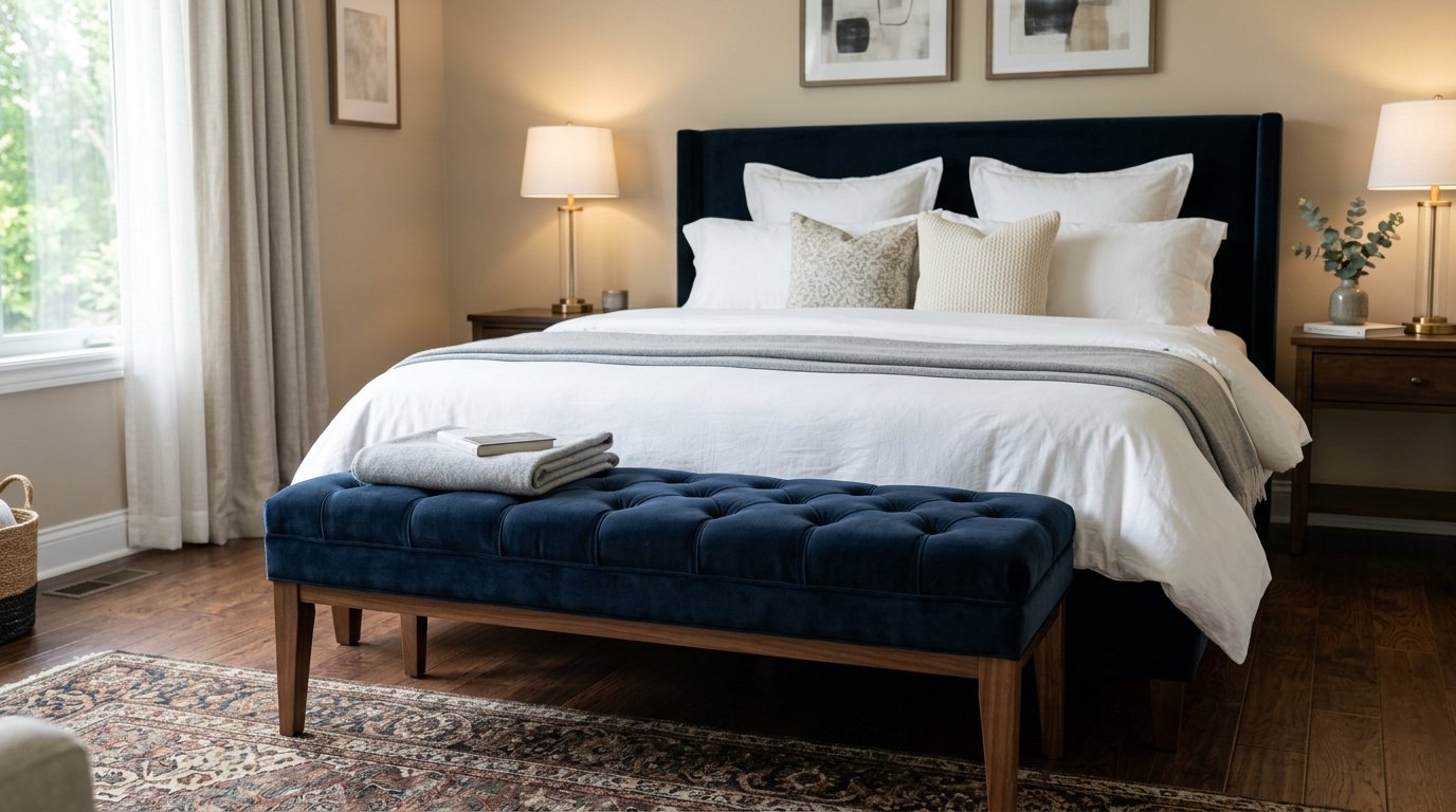 A button-tufted dark blue velvet bench placed at the foot of a bed with white bedding.