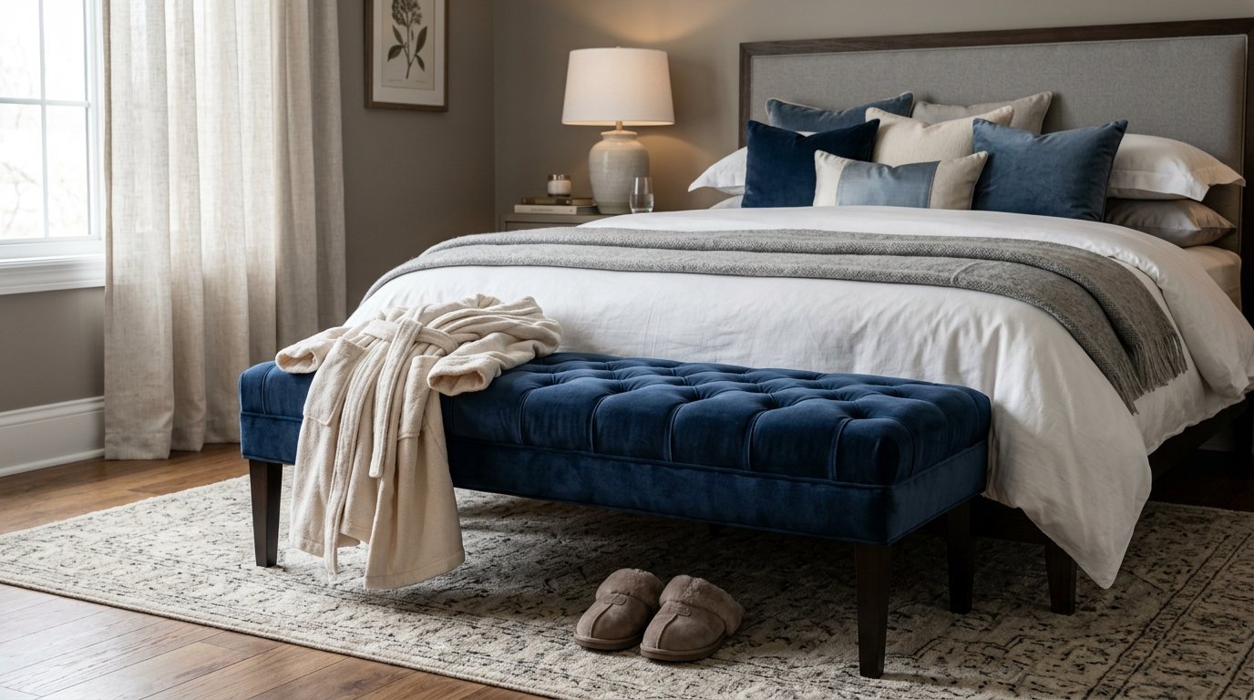A soft beige bathrobe rests on a deep blue tufted bench at the foot of a bed with slippers on the floor.
