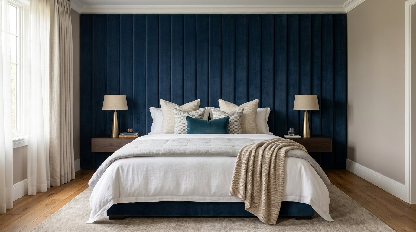 Modern bedroom with a dark blue vertical panel wall, white bedding, and beige accent pillows.