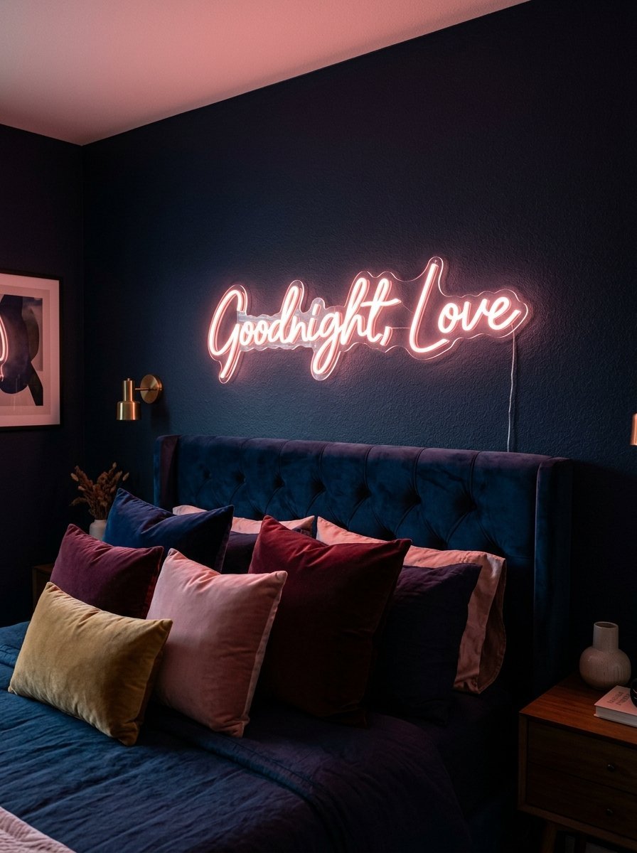 A dark bedroom featuring a pink neon sign reading Goodnight Love hanging over a navy tufted headboard.