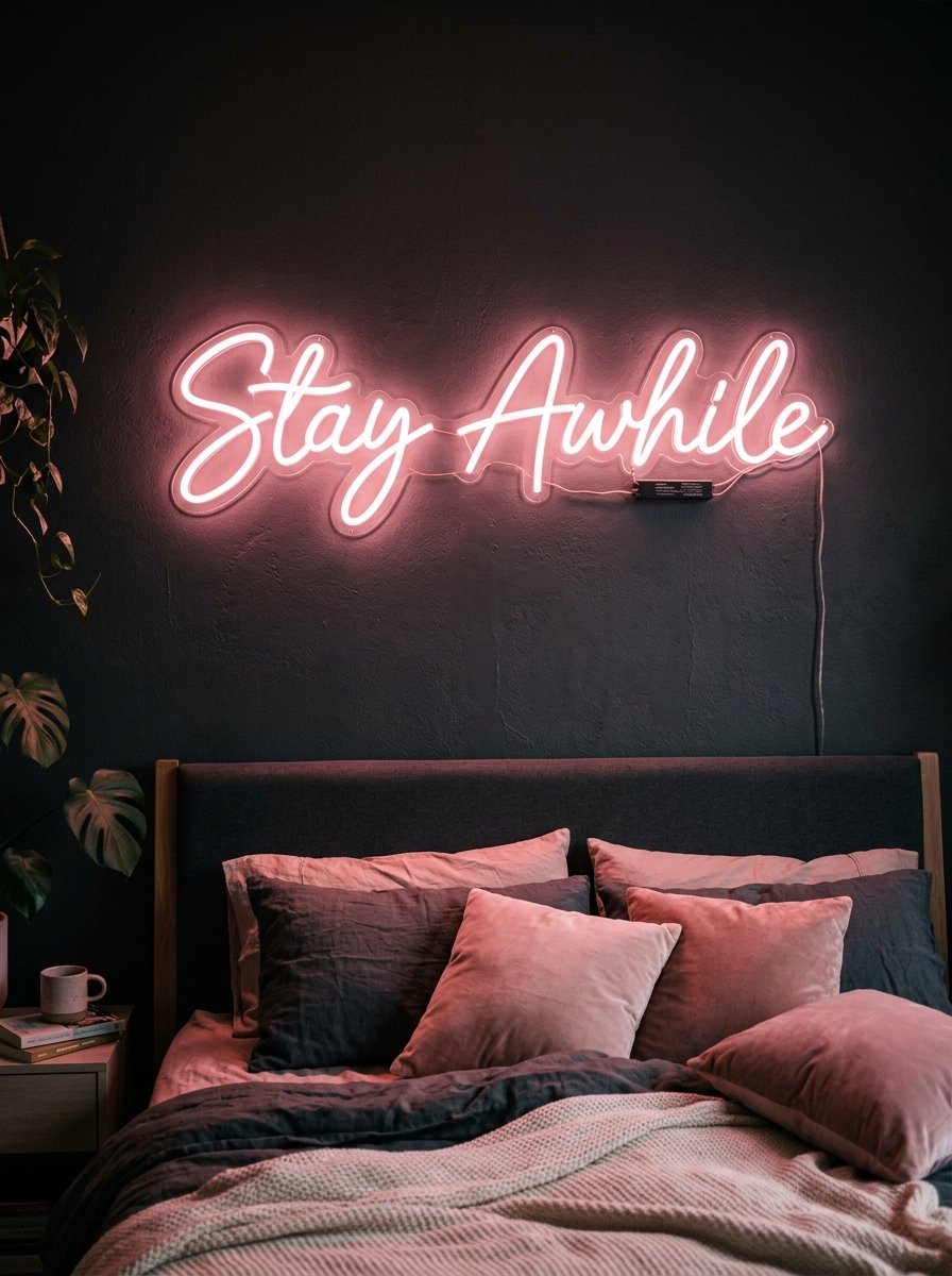 Bright pink cursive neon text mounted on a dark bedroom wall above pillows and bedding.