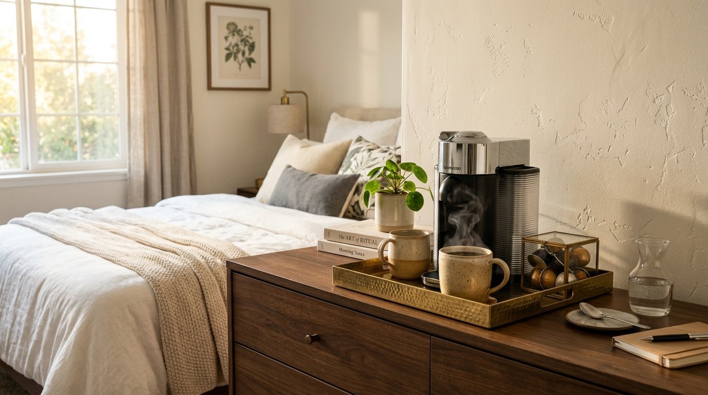 Coffee maker, mugs, and capsules on a brass tray next to a sunlit bed.