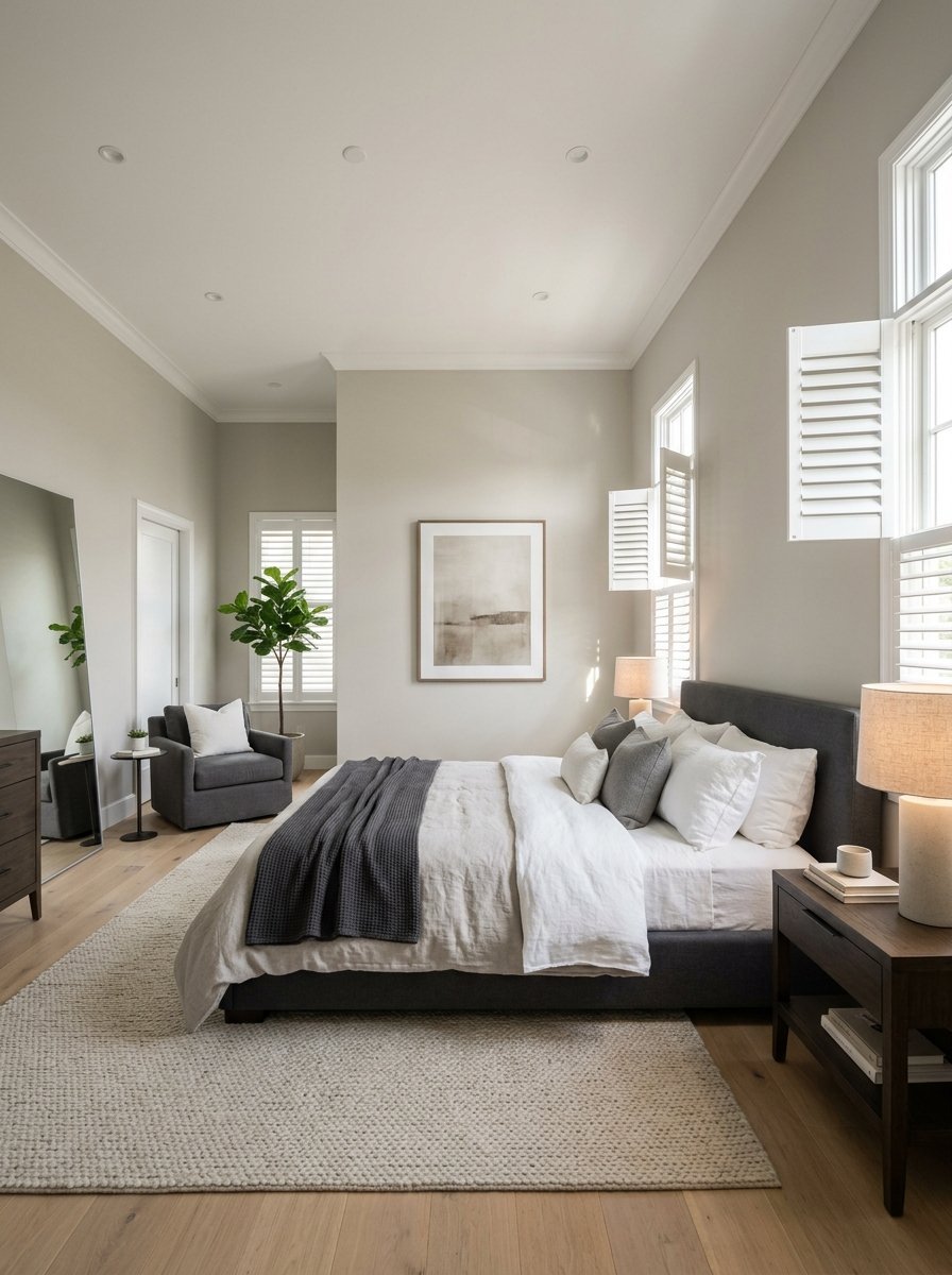 A serene bedroom with a dark grey upholstered bed, textured area rug, and a large floor mirror in a light-filled room.