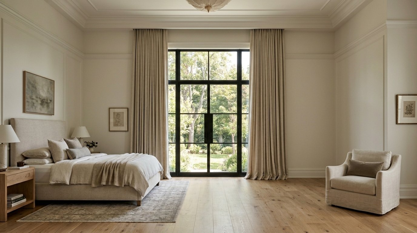 Spacious bedroom with a beige upholstered bed, wood floors, and floor-to-ceiling black metal window frames.