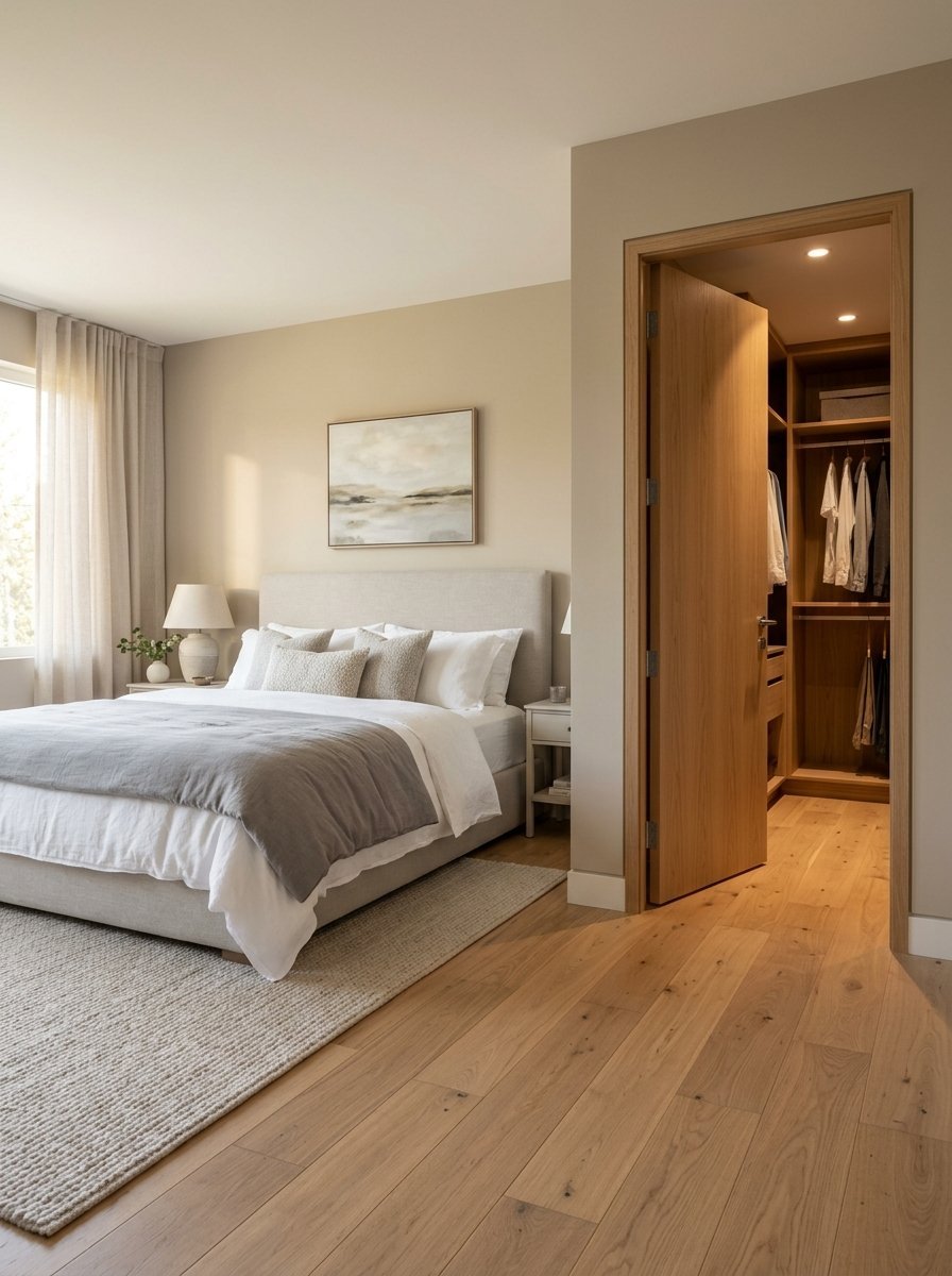 A beige bedroom featuring a neatly made bed and an open doorway leading to a wooden wardrobe with hanging clothes.