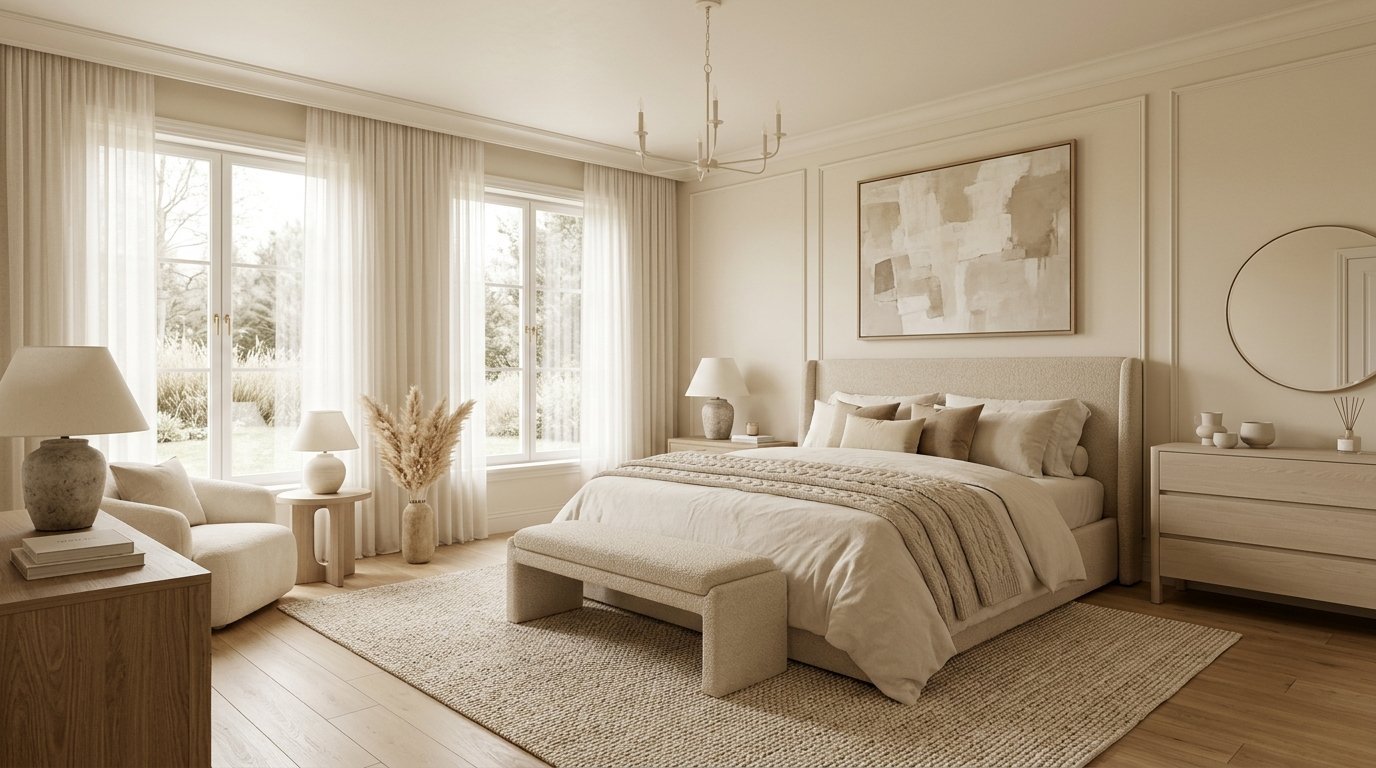 Bright, minimalist master bedroom with a beige upholstered bed, cozy knit throw, and natural sunlight through curtains.