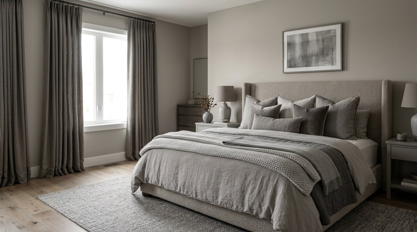 Bright, serene bedroom with a textured grey bed, neutral curtains, and modern decor on hardwood floors.