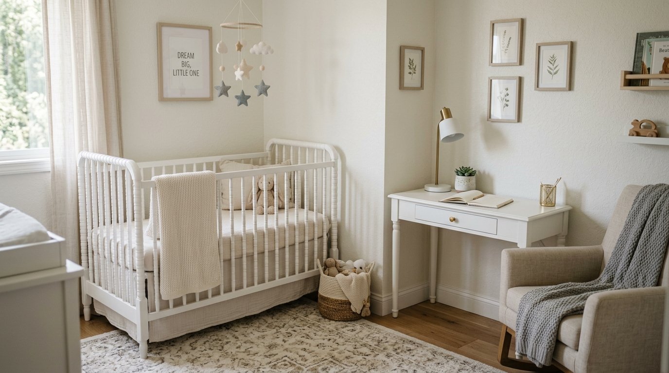 Cozy baby nursery with a white crib, rocking chair, desk, and botanical wall art in soft neutral tones.