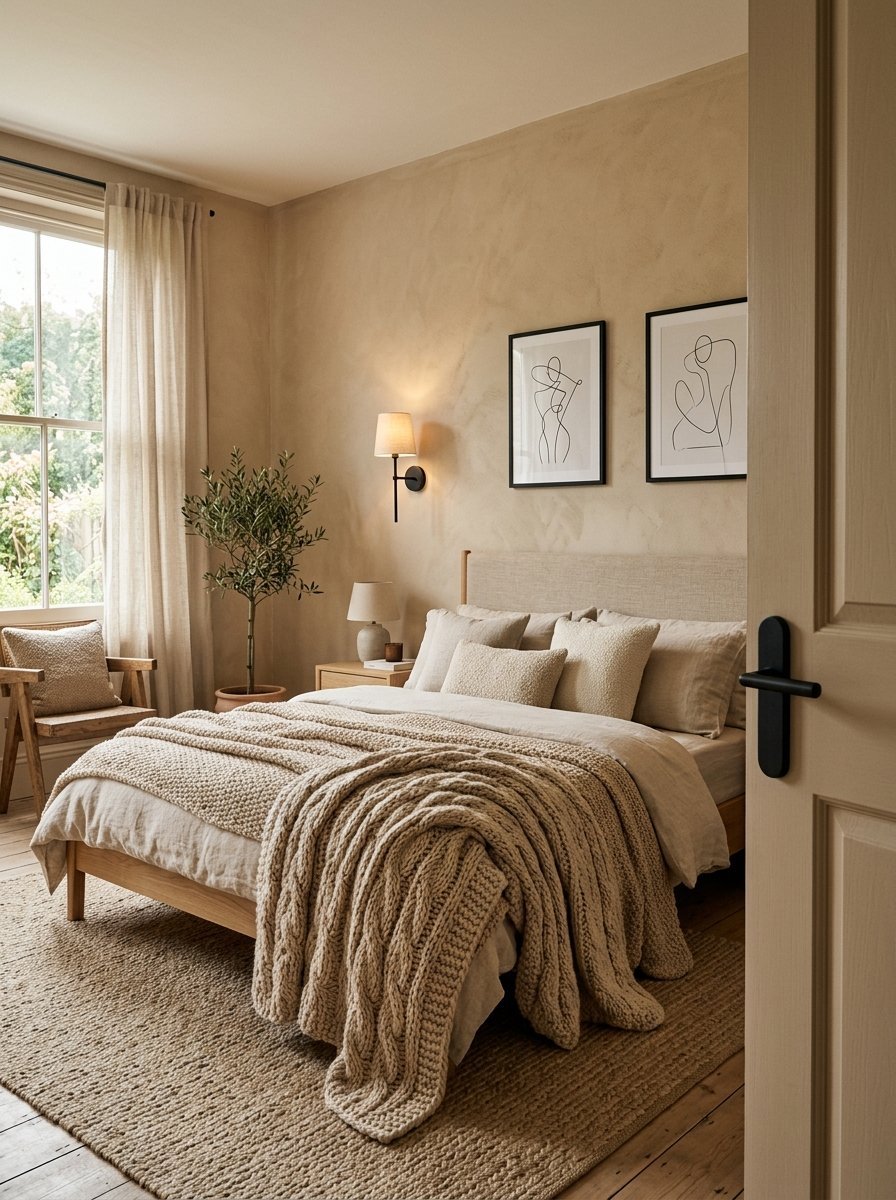 Modern bedroom with a wooden bed, textured beige decor, and minimalist line art on the wall.