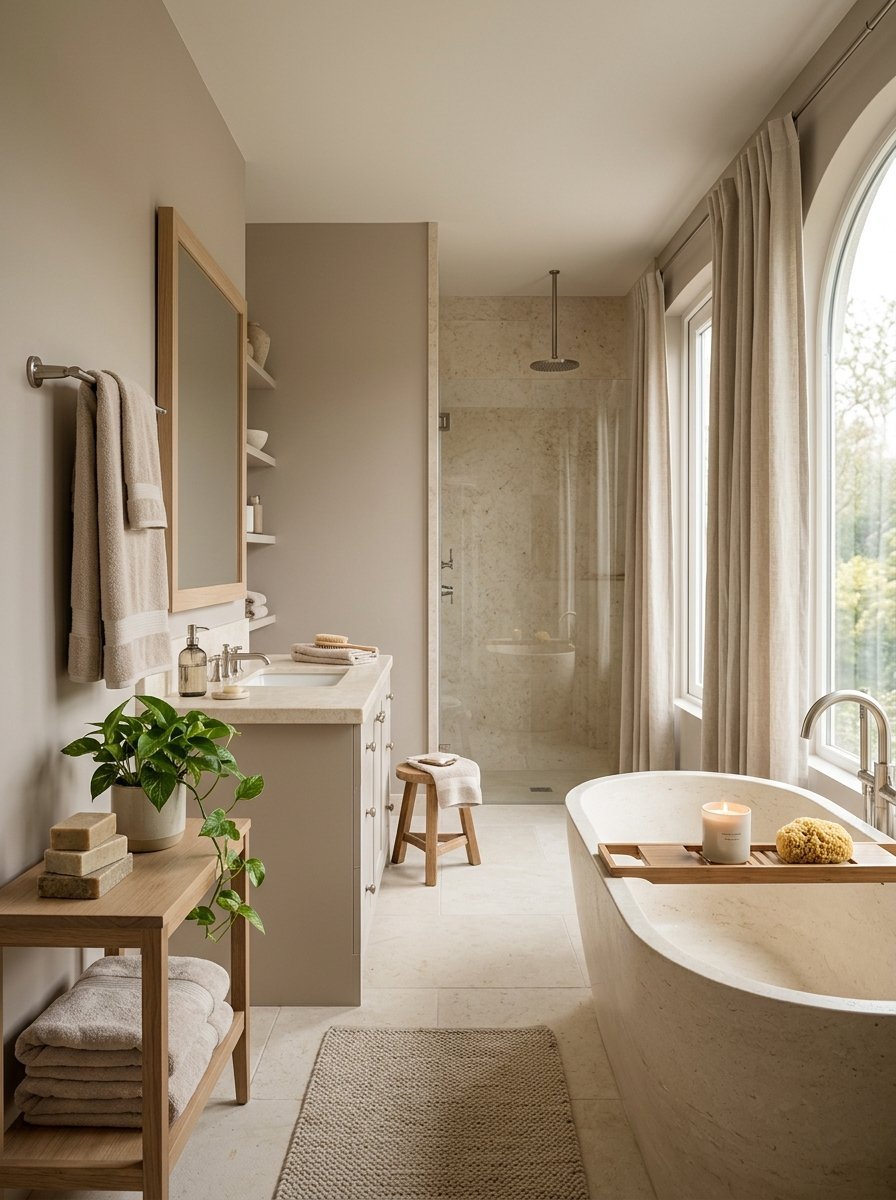 Modern bathroom with beige walls, a stone soaking tub, and a vanity featuring a green plant and stacked soaps.