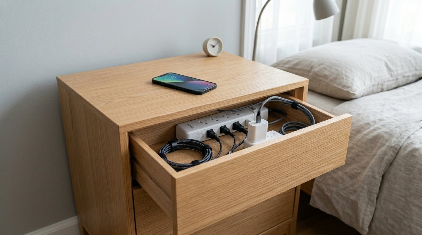 An oak nightstand drawer containing a white power strip with multiple plugged-in device cables.