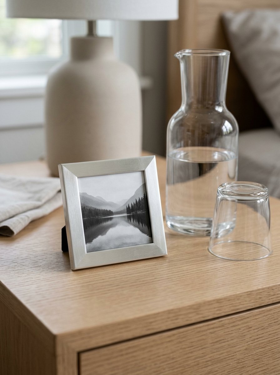 A metal picture frame showing a mountain lake scene sits next to a glass water carafe and tumbler on a wooden table.