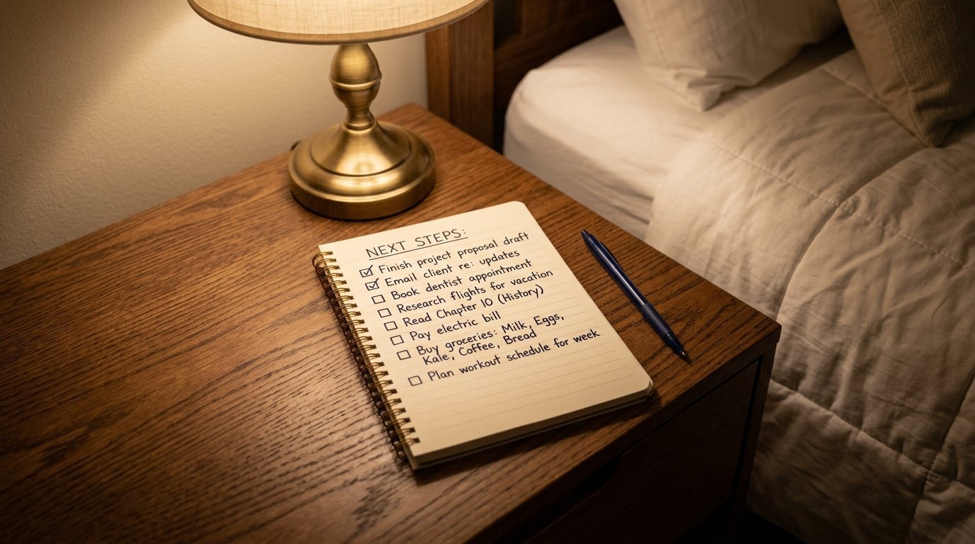 Close up of a spiral notepad with a checklist on a bedroom nightstand next to a lamp and a blue pen.