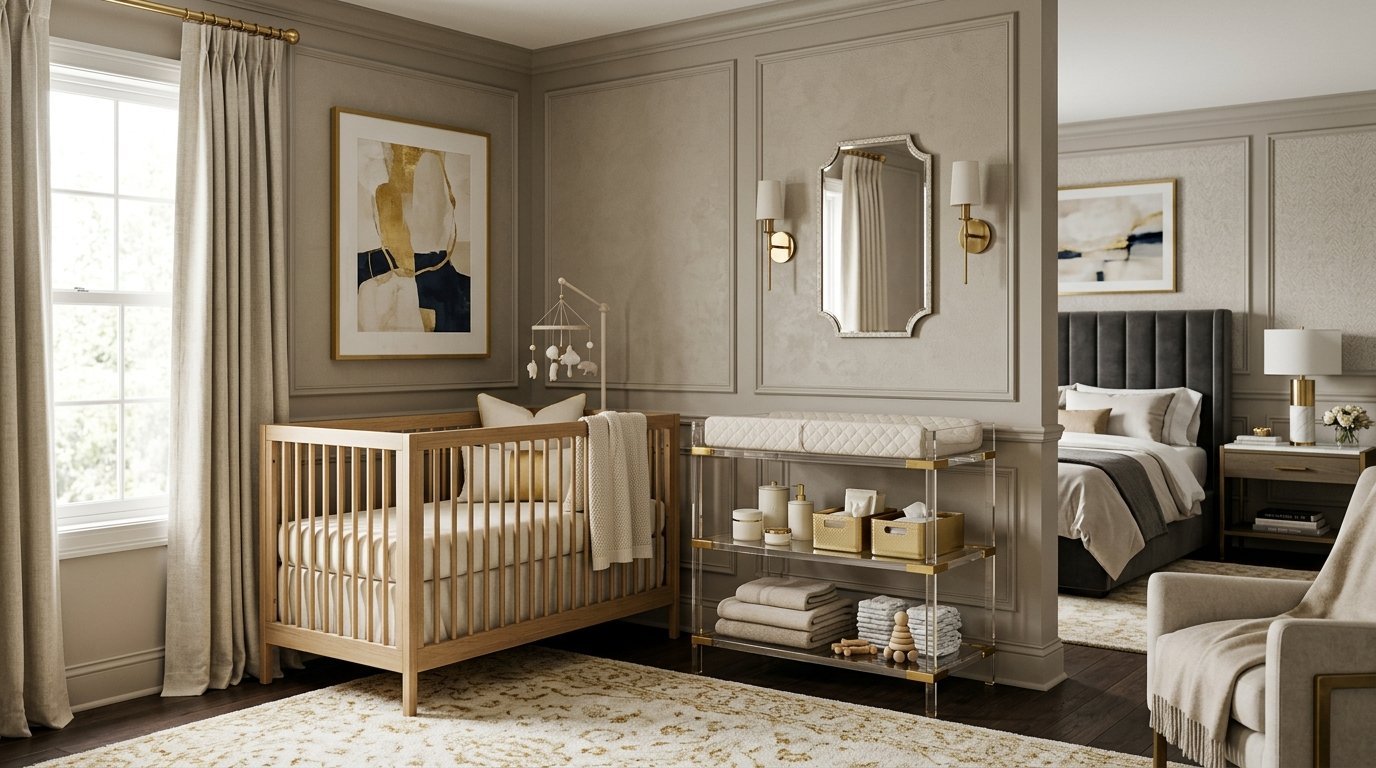 A shared room with a light wood crib, an acrylic changing station, and a master bed in the background.