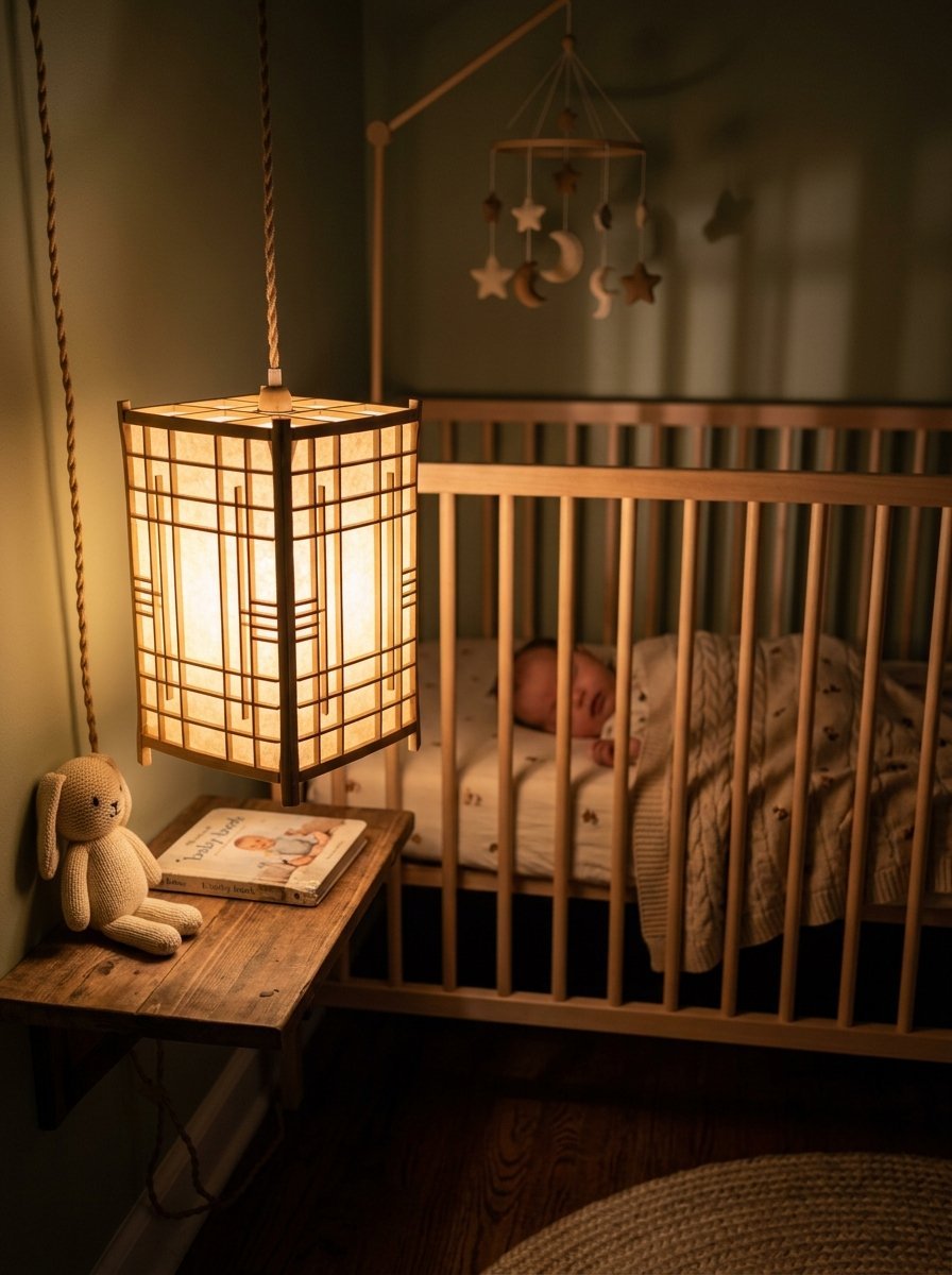 Baby sleeping in a wooden crib with a hanging paper lantern and a small knitted rabbit toy nearby