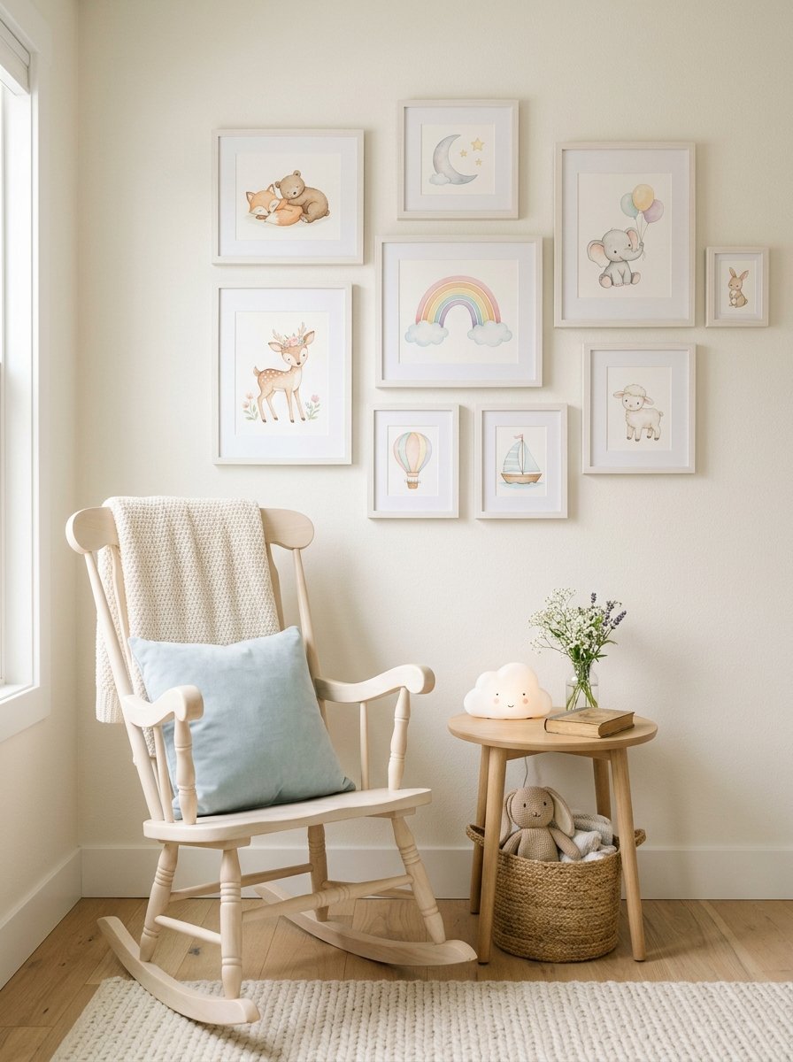 A light wood nursery chair with a soft blue pillow next to framed animal art and a small cloud lamp on a table.
