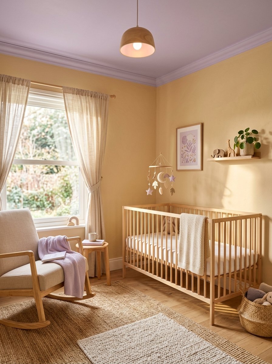 Baby nursery with a wooden crib, lilac ceiling, rocking chair, and natural sunlight streaming through window curtains.