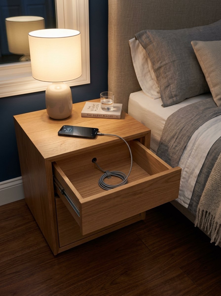 A smartphone plugged into a charging cable running into an open wooden drawer on a bedroom nightstand.