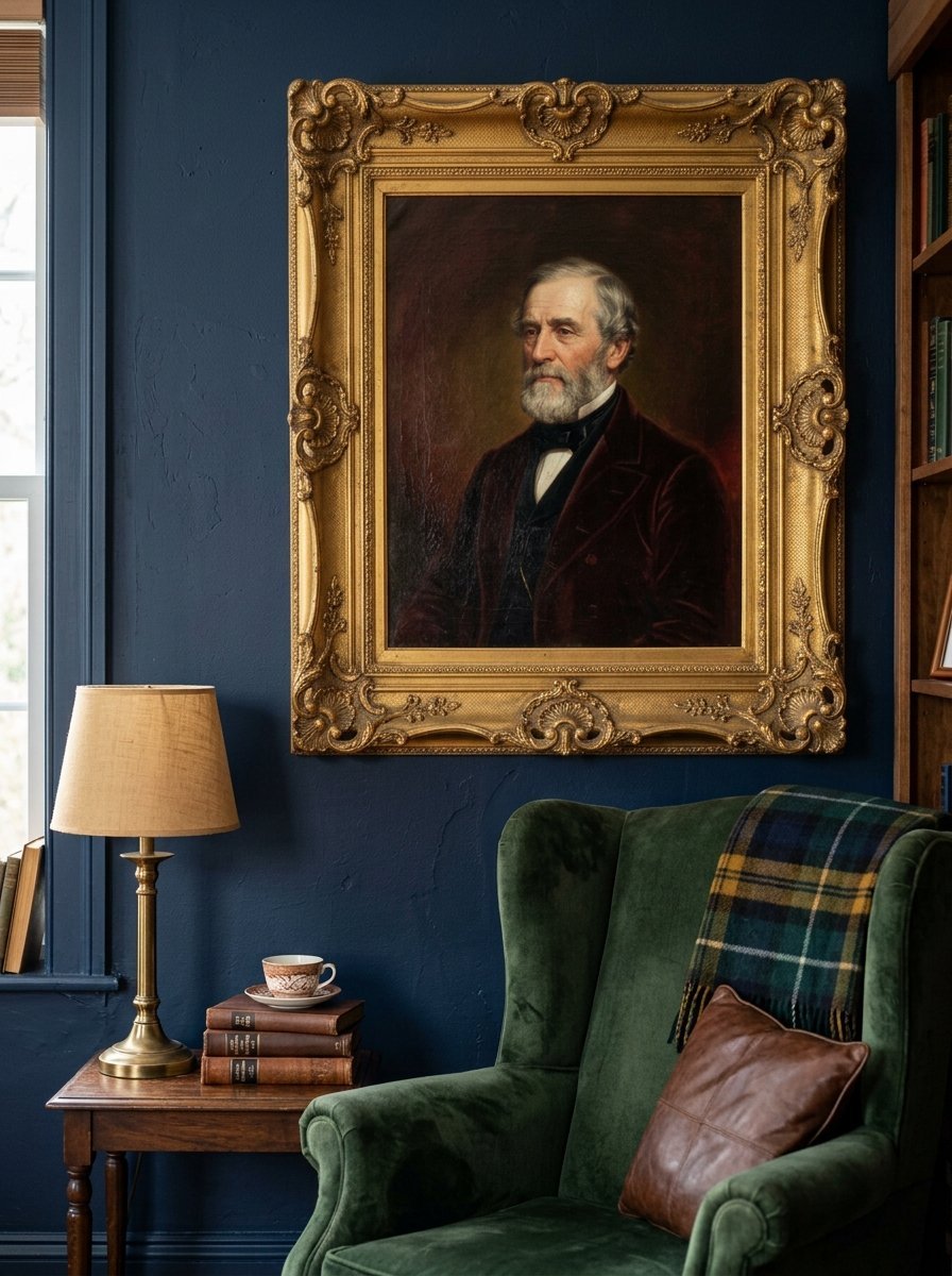 A classical oil painting of an elderly man displayed on a deep blue wall above a green armchair and wooden side table.
