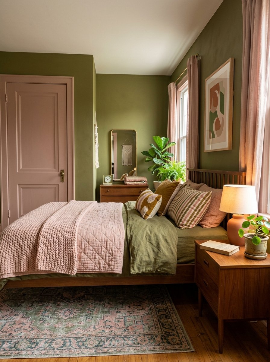 A bedroom features olive walls, a pink door, and a bed layered with green bedding and a textured blush pink quilt.