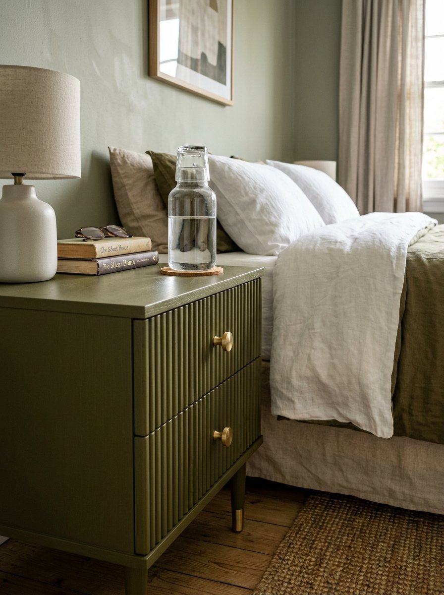 A close-up of a modern olive green fluted bedside table with gold knobs, books, and a glass carafe set.