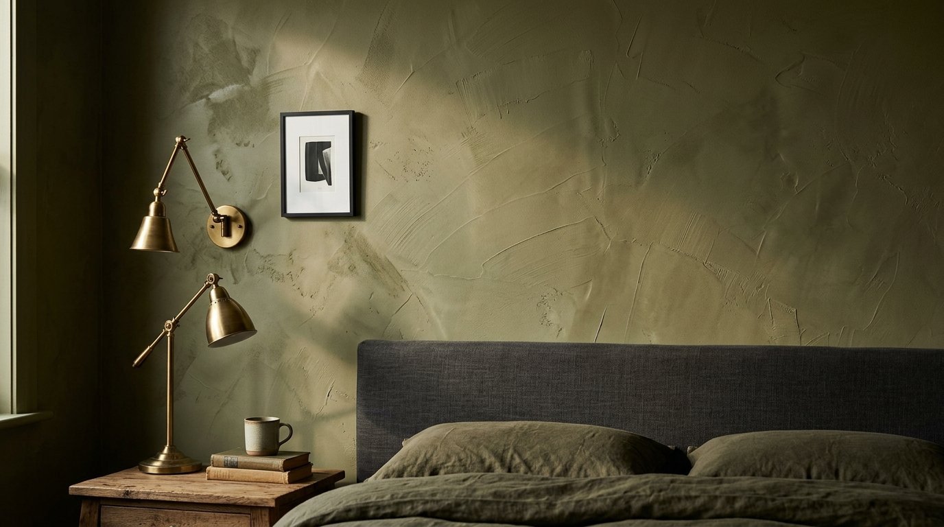 Close up of a bedroom with a textured olive green wall, brass lamps, and a charcoal grey upholstered headboard.