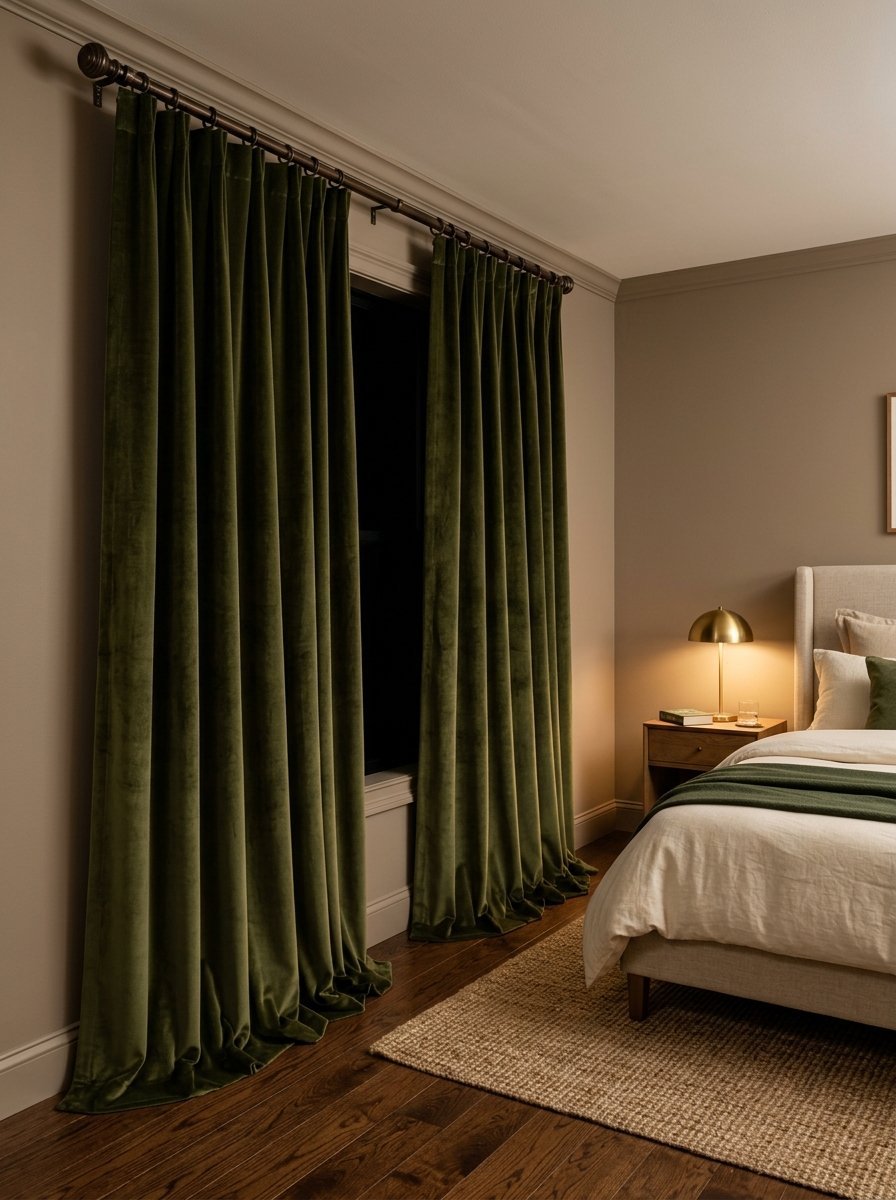 Long lush green velvet curtains hanging on a metal rod next to a modern bedroom bedside table.