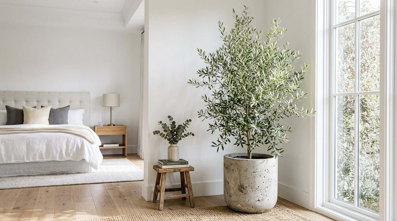 Large olive tree in a grey concrete pot placed next to a wooden stool with a vase in a sunny white bedroom.
