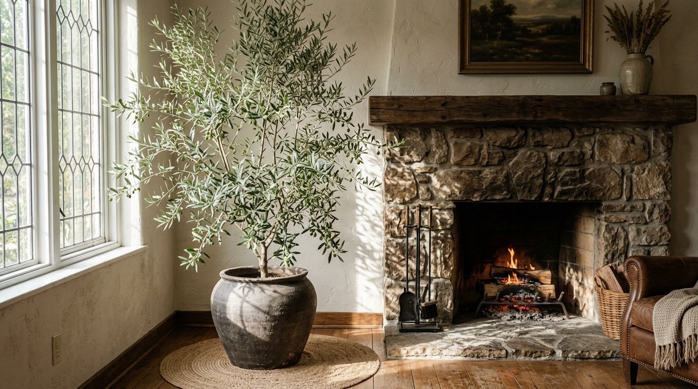 Large potted olive tree in a terracotta urn beside a lit fireplace in a cozy living room.