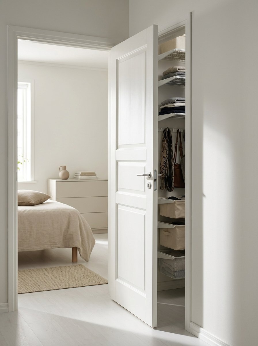 A white door is slightly ajar, showing shelves with folded clothes, hanging bags, and storage bins inside a closet.