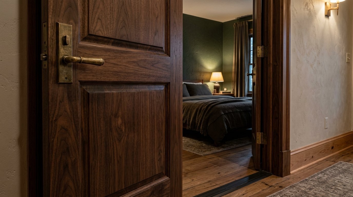 Close up of an ornate brass door handle on a polished walnut door opening into a dimly lit, moody bedroom interior.