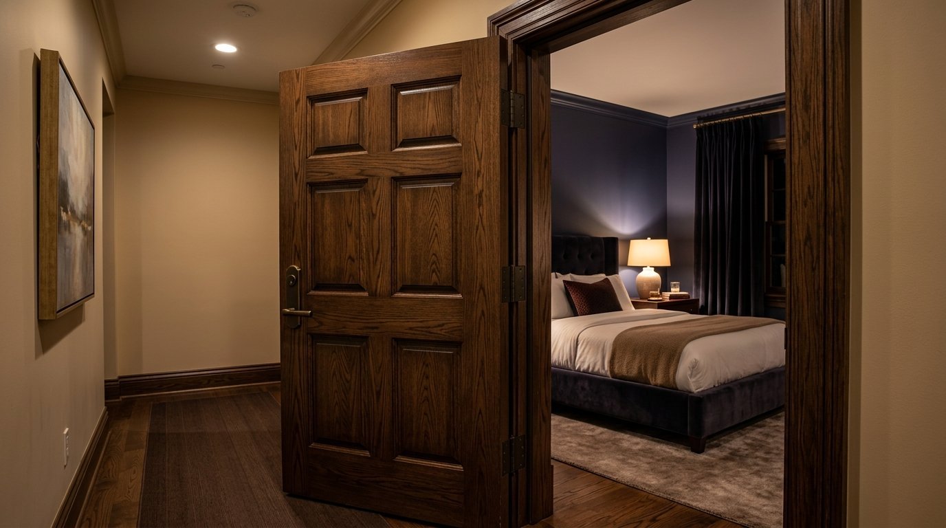 An open dark wood panel door reveals a warmly lit luxury bedroom with a bed, lamp, and dark navy walls.