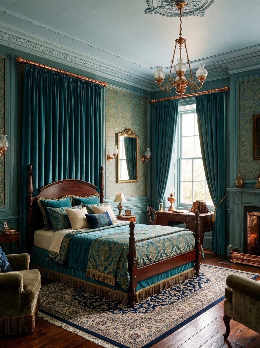 A formal bedroom with teal walls, a four-poster bed, velvet drapes, and an antique vanity desk.