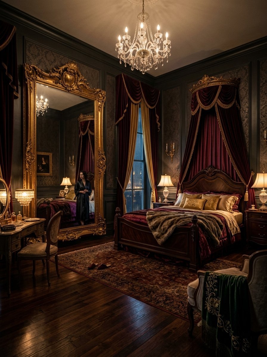 Moody bedroom with dark walls, velvet canopy bed, and a floor mirror reflecting a woman in a silk robe.