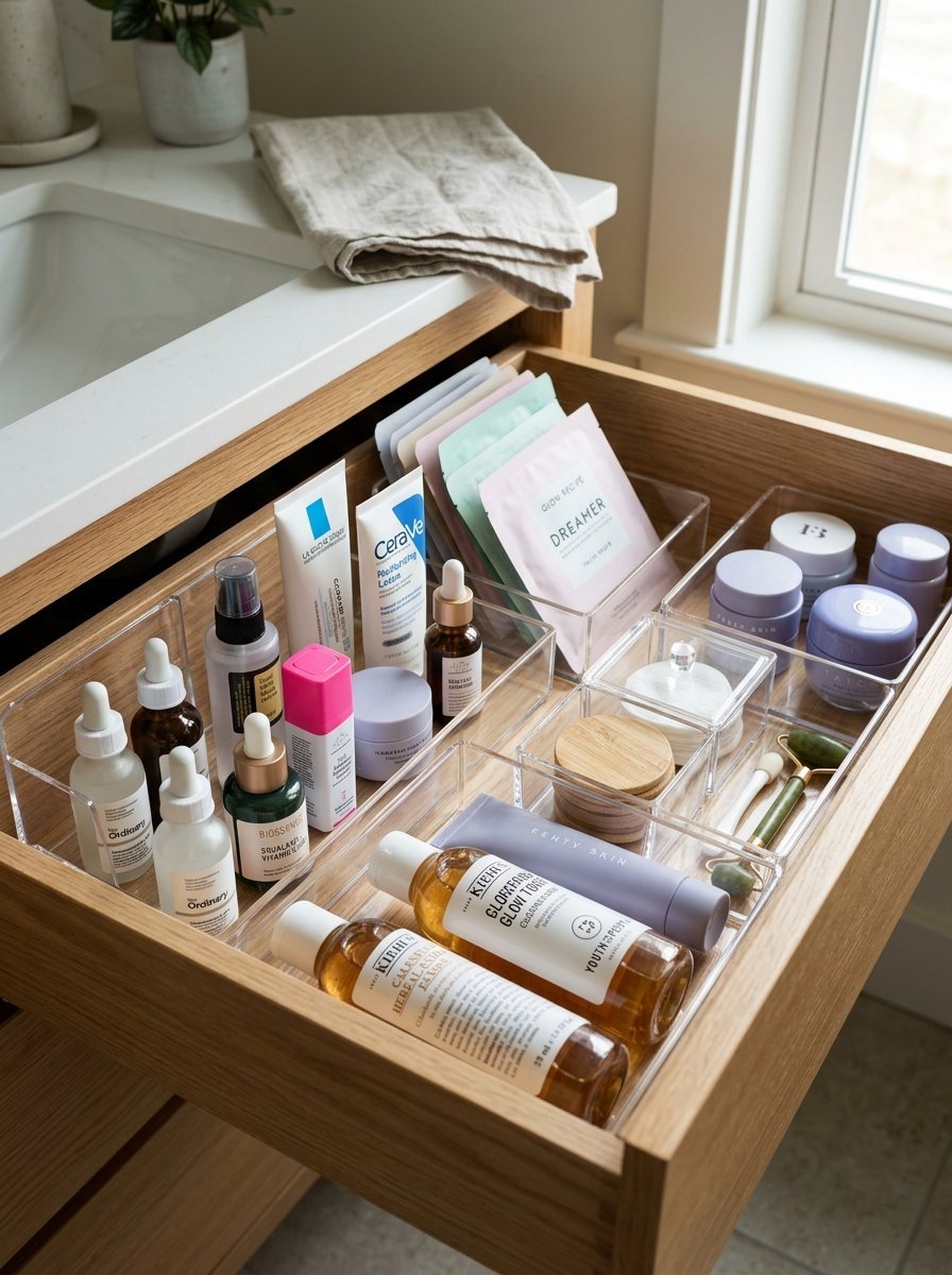 Open wooden bathroom drawer with clear acrylic dividers holding various bottles, jars, and face masks.
