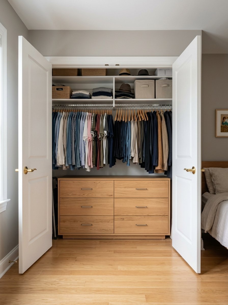 Open white closet doors revealing neatly organized hanging shirts, jackets, and wooden storage drawers.