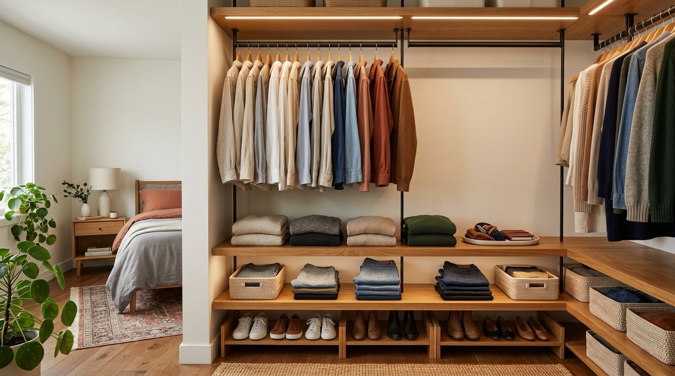 A walk-in wooden closet featuring hanging shirts, folded stacks of clothing, and neatly stored shoes in a modern bedroom.