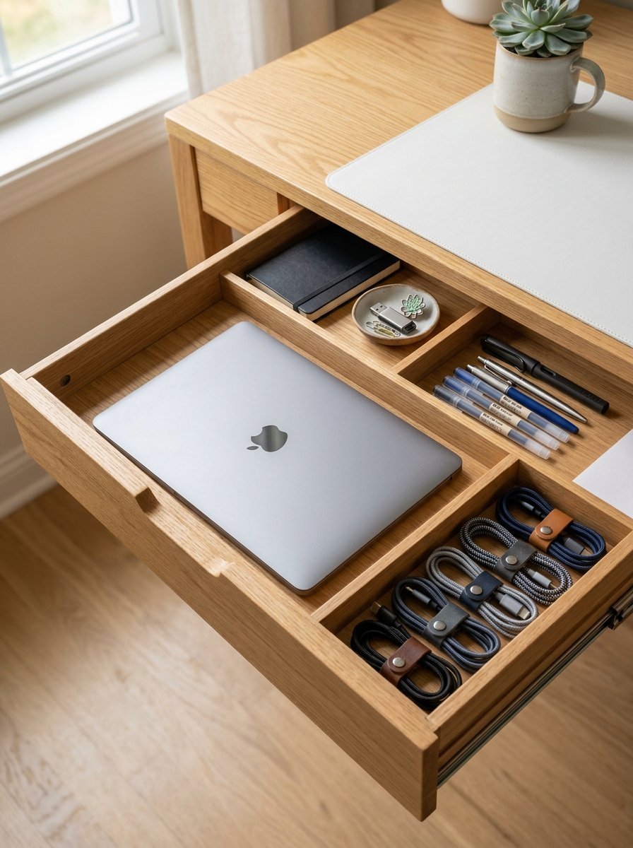 A wooden desk drawer containing a laptop, pens, small notebook, and several neatly coiled charging cables.