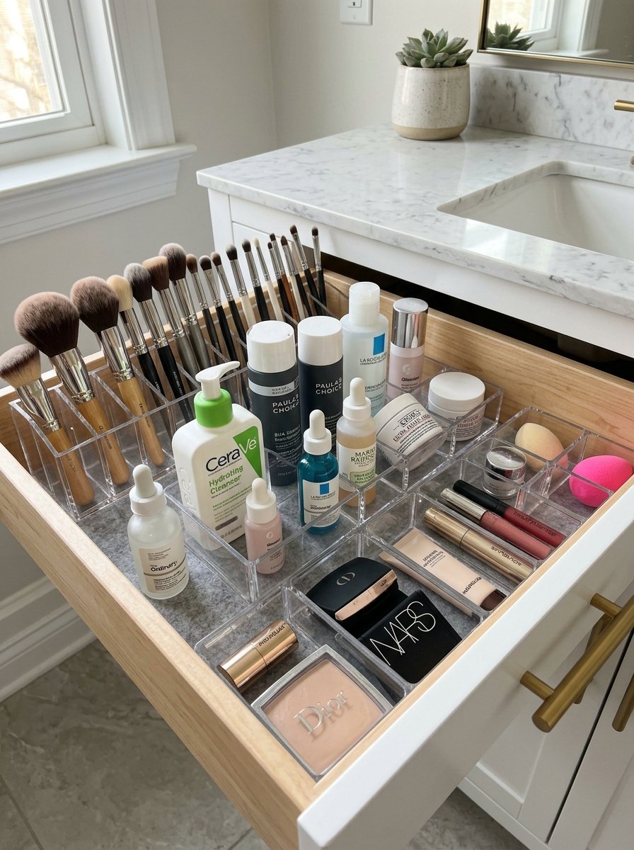 Open wooden bathroom drawer with clear acrylic dividers holding various makeup brushes, serums, and cosmetics.