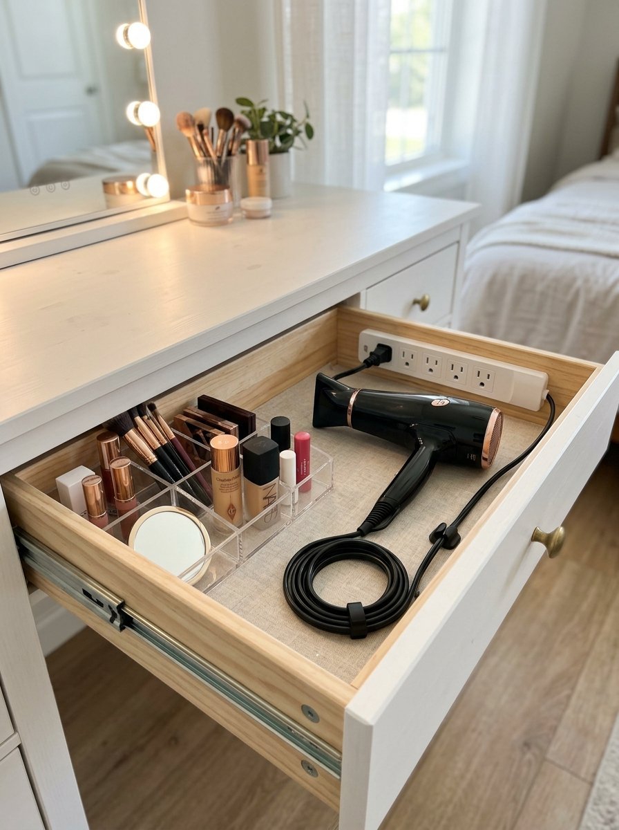 An open white vanity drawer with a hair dryer plugged into a power strip and organized makeup brushes and cosmetics.