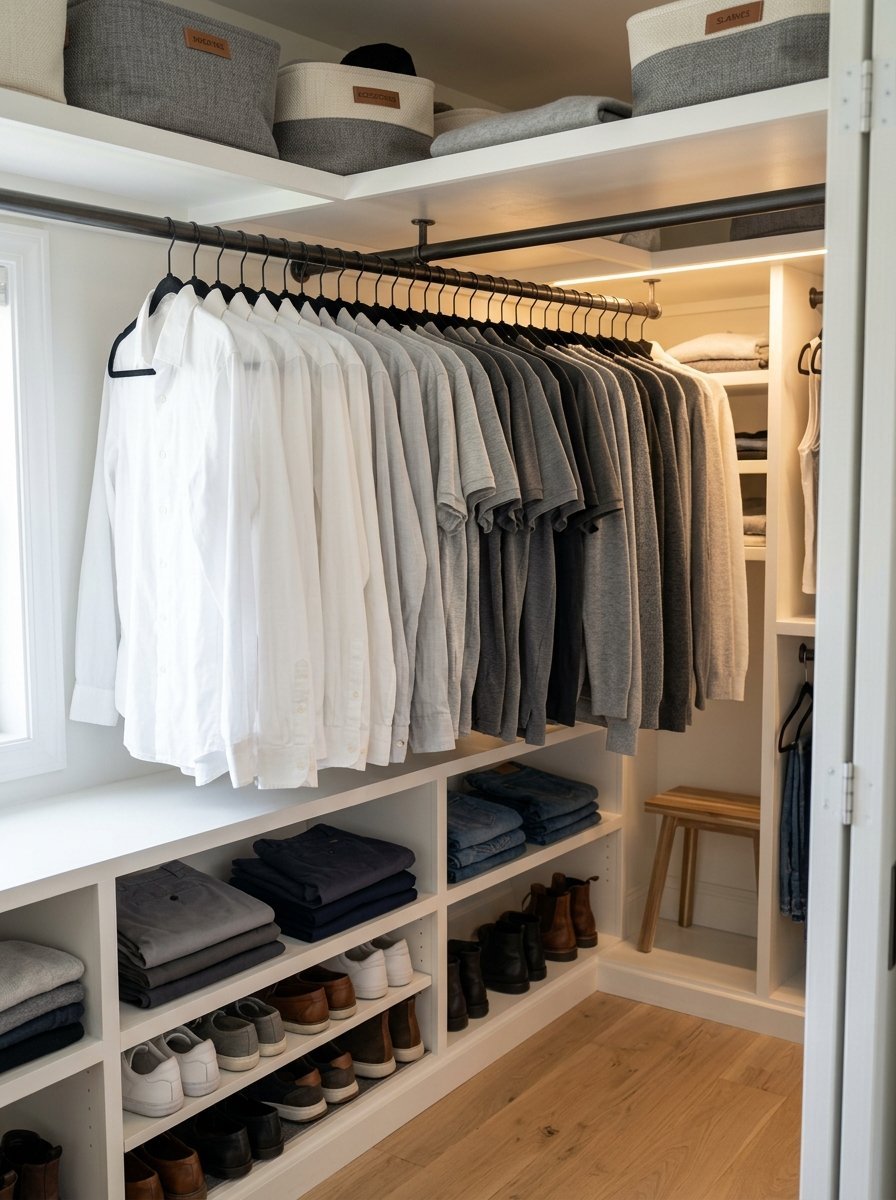 A neat wardrobe featuring rows of shirts, folded pants, and footwear arranged on white shelves.