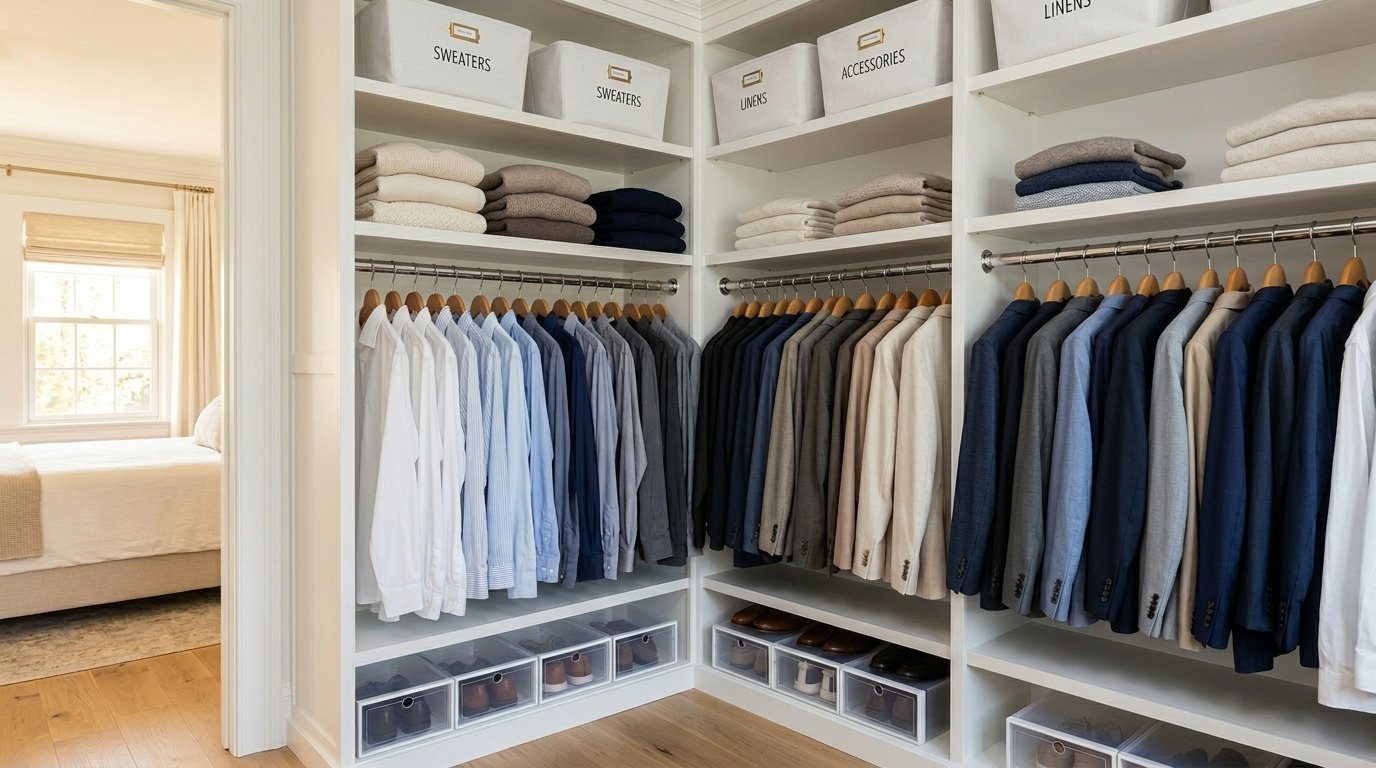 Modern white walk-in closet with labeled storage bins, hanging dress shirts, suit jackets, and organized shoe boxes.