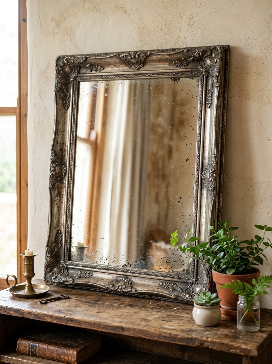 Rectangular antique-style mirror with ornate metallic frame leaning against a textured wall on a wooden console table.